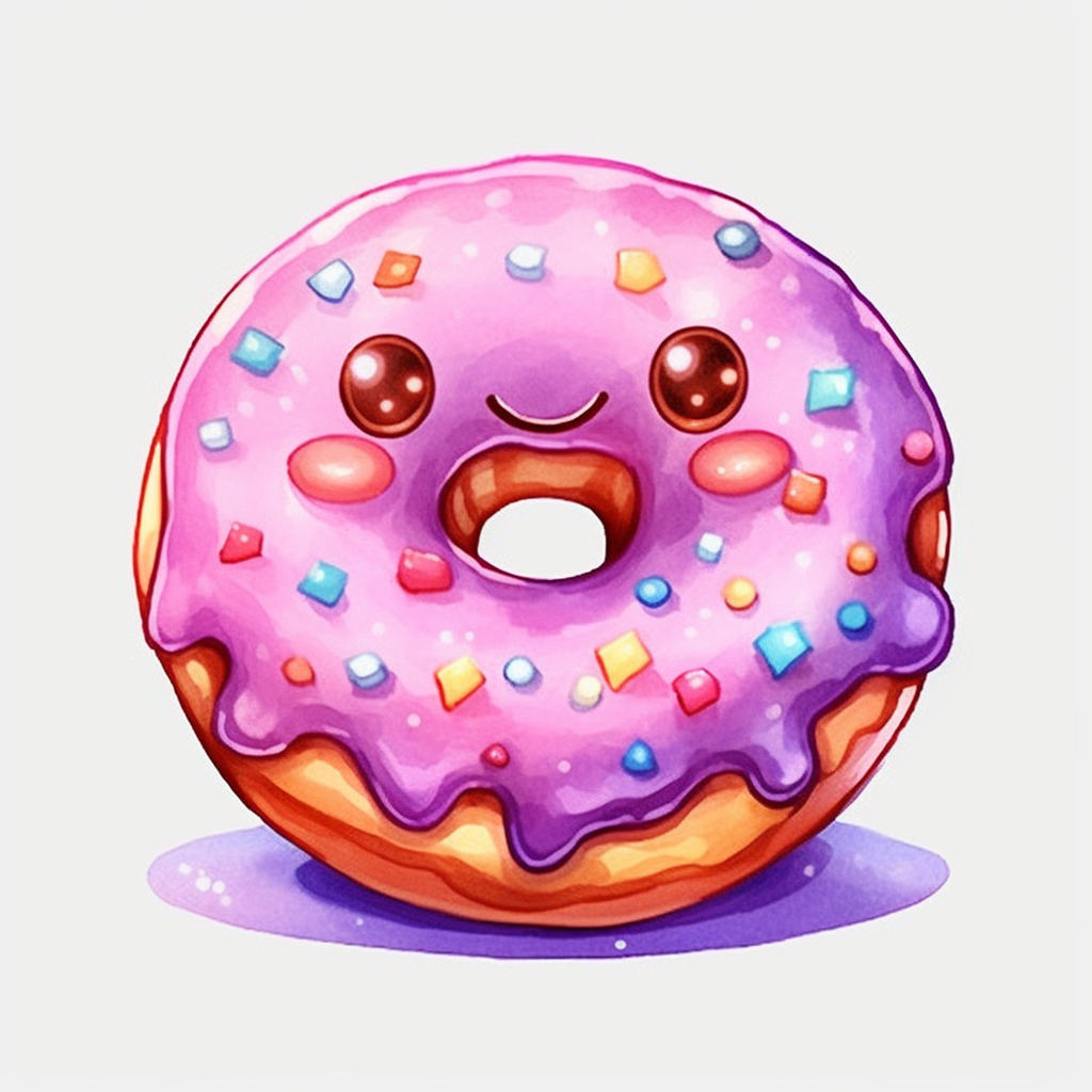 Watercolour Cute Kawaii Doughnut With Cute Kawaii Face Ultra Highly 