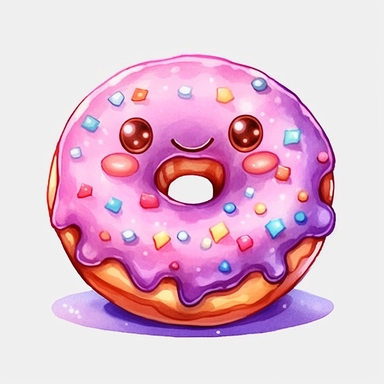 watercolour cute kawaii doughnut with cute kawaii face ultra highly detailed, 18k, sharp focus, bright photo digitally enhanced, enhanced graphics, straight, sharp focus, bright lighting, intricate detailed png image ,high definition,300dpi,graphic clipart,computer graphics