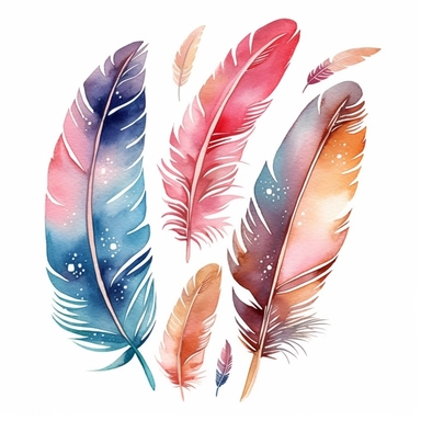 cute watercolor newborn boho feathers, isolated white background, babyshower clipart, 8k, soft multicolor boho colors