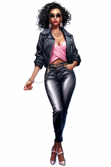 Illustration detailed clip art illustration on a white background, pose full-length model black woman Musier Paris Kelsey biker jeans jacket and chocker with body jewelry, long thick braided hair, cute nose, makeup, lips fashion pink, elegant classy, shiny colors, hyper details sticker art, elegant, modeling,