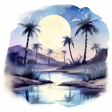 clipart style, watercolor scene of A mysterious image of an Enigmatic Desert Oasis, showcasing the moon and stars casting a soft glow over the landscape. Palm trees frame a tranquil oasis, where sparkling waters invite exploration and reflection. The image evokes a sense of intrigue and allure, hinting at the secrets hidden within the desert, HD, on white background