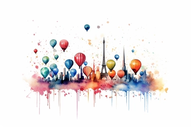 Watercolor, Illustrate a cityscape with balloons forming a vibrant skyline. clipart, hd, on a white background, spaced out