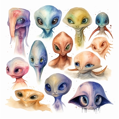 watercolor painting of many alien beings clipart many variants on one picture in different design
