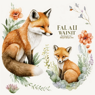 Mum & baby Animals Watercolor, Baby Animals, Fox and baby, watercolor clipart, Tropical, forest, watercolor clipart, baby shower, transparent background, png, high detail, 8k - d, 32k