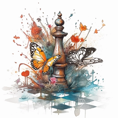 Clipart, White background. A chess piece within pond with wings and helo. Graaffitt, Abstract, fun, expression, colorful and detailed. Lined pencil illustration, ornamental watercolor, and a simple painting one brushstroke representing breaking free spiritually. Secret garden, steampunk, studio light, quill pen. Ink splatter, air bubbles, in the style of Jan van Huysum’s paintings, with a lush arrangement of ecosystems, sunlight, surrounded by forest, play of lighting and plant whimsical captiva
