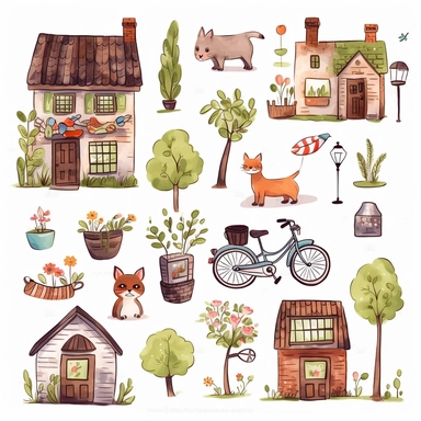 cute small houses, garden flowers and trees,cat, dog,bench, flower pots, fench,bycycle, house keys,postbox,birds,cute bettle car,outdoor lamps cliparts in hand drawn vector illustration on white background.