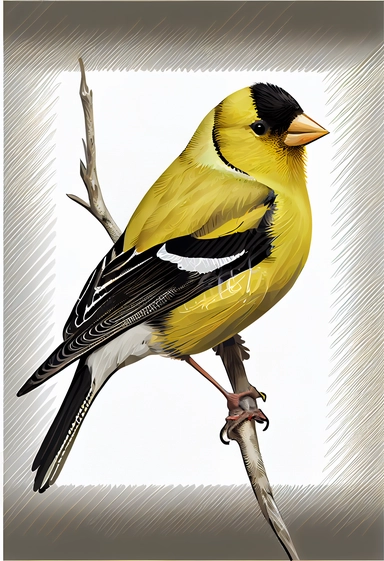 a full body & tail American Goldfinch, white background, children book, clipart style,