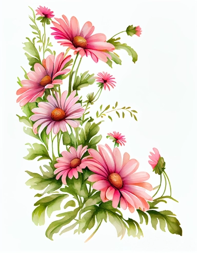 detailed watercolor pink daisy flower corner side border, isolated on white background, realistic, clipart