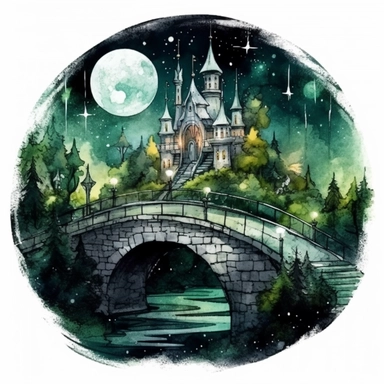 light watercolor Fantasy green Castles night scenery on the moon in the garden forest and bridges realistic clipart on black background