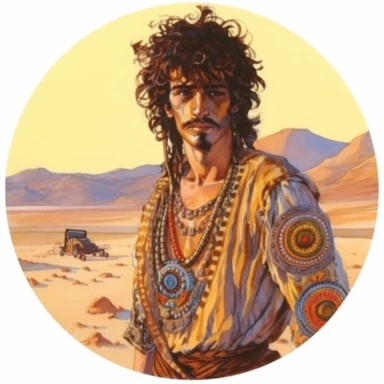 desert Persian Irish civilian, Josh Kirby Mad Max Lord of the Rings, handpainted enamel punk zine indie retrowave, clipart illustration, circle white background, circle border