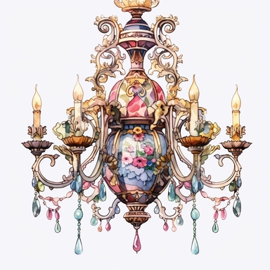 Make a clipart of a watercolor victorian chandelier, rococo, with bright pastel colors, gold accents, black outlines, hd, white background