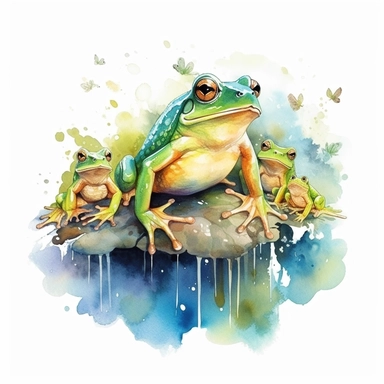 watercolour illustration free brushstrokes, beautiful and joyful, green frogs, mark brooks, naturecore, animal clipart, isolated on a white background,