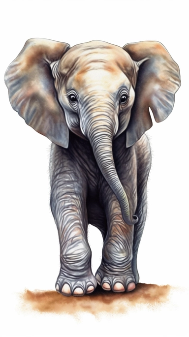 worlds cutest, adorable, realistic, life like image of a baby elephant with his trunk raised in the air, watercolor clip art, white background ,artist rendition, sharp focus, extreme detail,