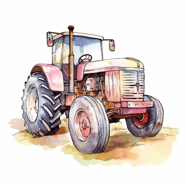 Farm Tractor , style by Lucy Fleming, watercolor, smooth gradients, black contour outline, ultra detailed, clipart elements, delicate pastel colors, solid white background, super clear, high quality