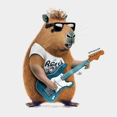 illustration creative, funny Rockstar Capybara, white background, clipart