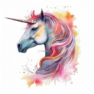 Clipart of a beautiful proud unicorn with gold horn. He has a soft and rich tail. The unicorn is decorated with watercolor splashes of watercolor, aesthetic