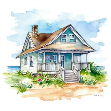 a watercolor clipart on isloated white background in the style of Bob Byrlwy of a charming beach house nestled among the dunes of a sandy shore. The house should have a classic beachy design, with shingles or clapboard siding, plenty of windows to let in the ocean breeze, and perhaps a wraparound porch or a set of Adirondack chairs out front. The scene should be set on a sunny day, with blue skies overhead and the sound of waves crashing in the distance. The beach house should be surrounded by s
