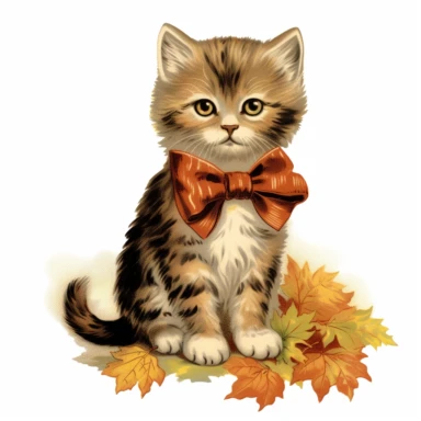 autumn themed scottish fold kitten, vintage clip art