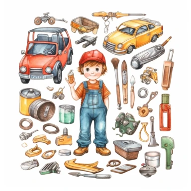 cute kawaii car mechanic, repairman tools, watercolor white background clipart set single elements with margin car mechanic, repairman tools