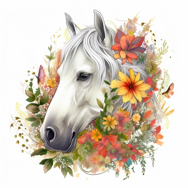 hyperrealistic, beautiful white horse head, grass and wild flowers with sun, cartoon style, no background, no shading, white background, funny and fruit, fantasy, Realistic colorful magic musroom, clipart background, sticker, drawing, fantasy, lot of details, psychedelic, no watermark, pink,