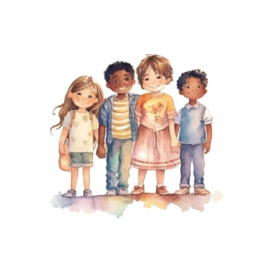 watercolor style, children standing together, from multiple cultures: european, african american, asian american, latino, indian, japanese, mexican, clipart, isolated on white background, 4K