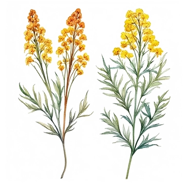 Design a dreamy watercolor clipart of a chinese-inspired Sprays of goldenrod flowers arranged in a wild and natural style, evoking the beauty of autumn meadows composition, hand-painted with soft and graceful brushstrokes. Draw inspiration from the artistic finesse of Ethereal Petals Watercolors for a refined and ethereal depiction. isolated on a white background, hand-drawn illustration, hand-painted watercolor texture, 16k UHD resolution, intricately detailed, sharp focal points, designed by A