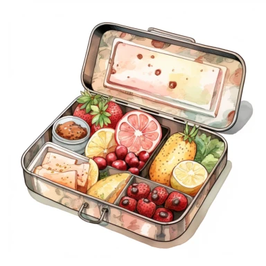 Back to school Watercolor Clipart, An open Lunchbox showing meal and fruit inside, pink themed , single object, highly detailed, hand drawn watercolor illustration ,png transparent background, white background for removing background - - no text shadow font watermark