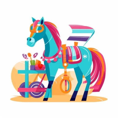 Colorful and vibrant colors to make clip art of a quirky horse on vacation with unique color combinations that stand out and evoke a sense of joy and cheerfulness with a white background