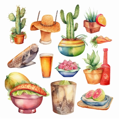 cinco de mayo clip art collection water color in accurate detail contact sheet white background