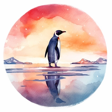 Watercolor clipart consist a penguin standing alone in the middle of the ice at arctic in front of sunset and surrounding by ice. The time set is at sunset, include the round shape of the sunset. Produce very high detailed image, Produce very high quality image, The penguin proportion is same as real emperor penguin, Left some white empty space around the image frame,