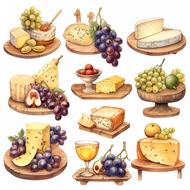 Watercolor cheese platter with wallnuts and grapes and raisins and figs nicely placed along with cheese on a very large wooden flat plate or cutting board, illustrations clipart set, simple, soft colors, cartoon elements, different variants, cheese from around the world, wooden elements, separate elements with a margin