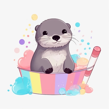 Otter with color black and white in tub PNG, otter candy floss colorful pastel Clipart, Kawaii otter