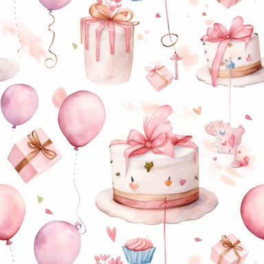 A cute collection on white with margins of birthday icon birthday cake, balloons, hearts, flowers, presents, watercolor, vector, clipart, elaborate, ultra - detailed, soft colors, rose gold and pink high definition, UHD