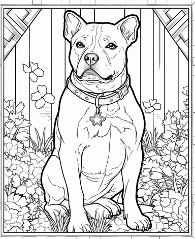 expert coloring page style of Pit Bull Dog breed Clipart, simple garden background, simple line art, line is crisp and clean, easy to color, masterpiece