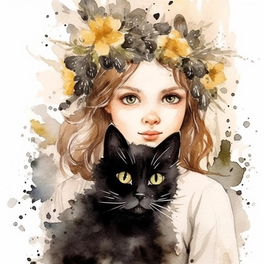 watercolour clipart of a girl the delicate and determined soul, has a deep affection for cats, black cat. She meticulously crafts digital designer papers and breathes life into digital journaling pages. Her finesse and devotion to her work are truly extraordinary. Her art is a testament to her unwavering pursuit of beauty and excellence, make her smiling, exalted mood, white background, 8k, f1
