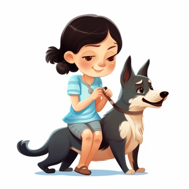 light skin toddler girl with black hair and blue dress riding a light-brown furred canaan dog drawn in children's book style clipart