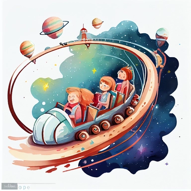 Children riding space roller coaster, watercolor Illustration clipart, 4K, extremely detailed