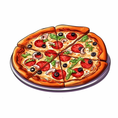 A pizza, cartoon, detailed, clip art, white background, no shadow
