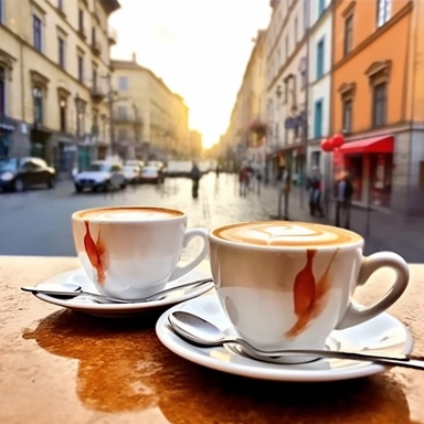 coffee cups on table, city street on the background, light watercolor, watercolor painting, happy, illustration style, clipart, white background, perfect proportions,