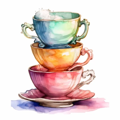 Make a clipart of a stack of five different colored victorian tea cups, use pastel color, watercolor style