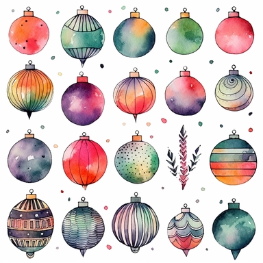 Watercolor line art, little squares filled with doodly patterns of  xmas ,ornaments and decorations , illustrations clipart set, simple, christmas colors , cartoon elements, different variants , stocking, bubble ornaments, xmas wreath, modern art, separate elements with a margin