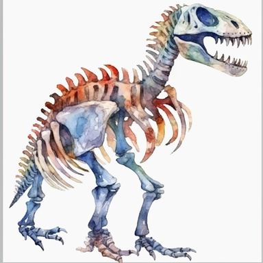Watercolor dinosaur skeleton clipart, white isolated background, space out, hd