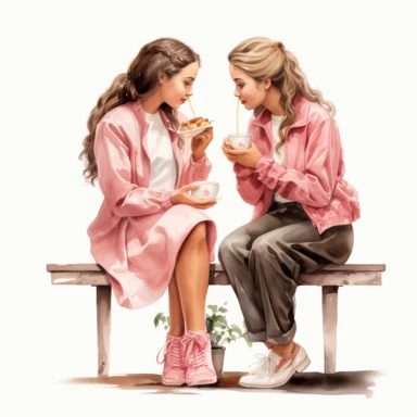 Watercolor Clipart, two young ladies, best friends, 19 Pink girly, drinking coffee ,single object, isolated on white background, highly detailed, hand painted watercolor illustration by Cath Kidston, Emma Bridgewater, png transparent background, white background for removing background - - no text shadow font watermark