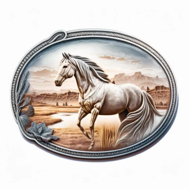 clipart, solid watercolor, realistic, detailed, isolated white background western belt buckle with horse clipart