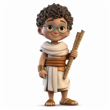 cute 3d cute little boy historian clipart, various ethnicities, ancient historical era cane or crutch, full body, on white background