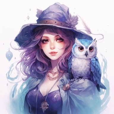 lunar witch with owl, purple and blue, clipart, white background, beautiful face, mystic, watercolor, by Kawacy, by Artgerm