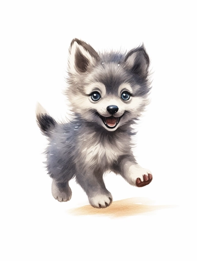 cute happy grey wolf cub running, pastel watercolor, clipart, solid background