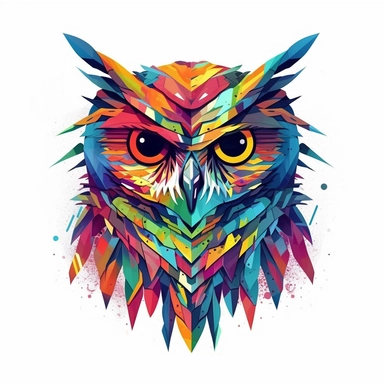 Curious Owl, geometric-inspired illustration, clipart, abstract style, vibrant colors, white background
