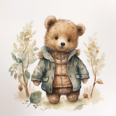 little baby, brown bear,wool outfit,neutral nursery art,cute bear, Baby attire,intricate,disney, baby light green,baby light blue, baby light ocher,hairy, cotton, beautiful trees,enchanted Forest,realism, watercolor painting, enchanted Forest, solid background, white background, vintage outfit, oil painting, photobashing, tattoo design,clipart--v 5