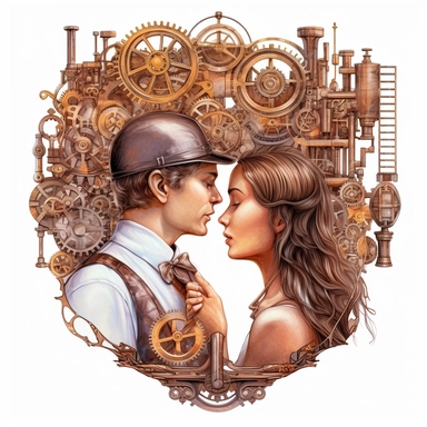 Against the stunning sight of a steampunk steam train, a couple's lips meet for their first kiss. The interplay of copper, gears, and mechanical elements reflects their shared passion and the allure of the retro - futuristic world. Ultra high quality, intricate detail, retro - futurism, pastel clipart, white background